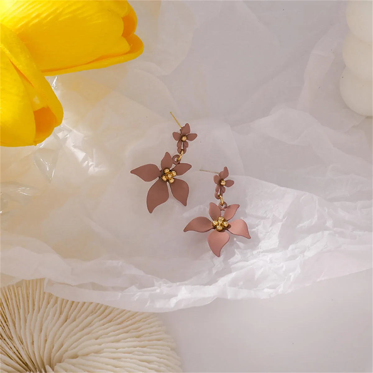 Pink Enamel & 18K Gold-Plated Flower Drop Earrings
