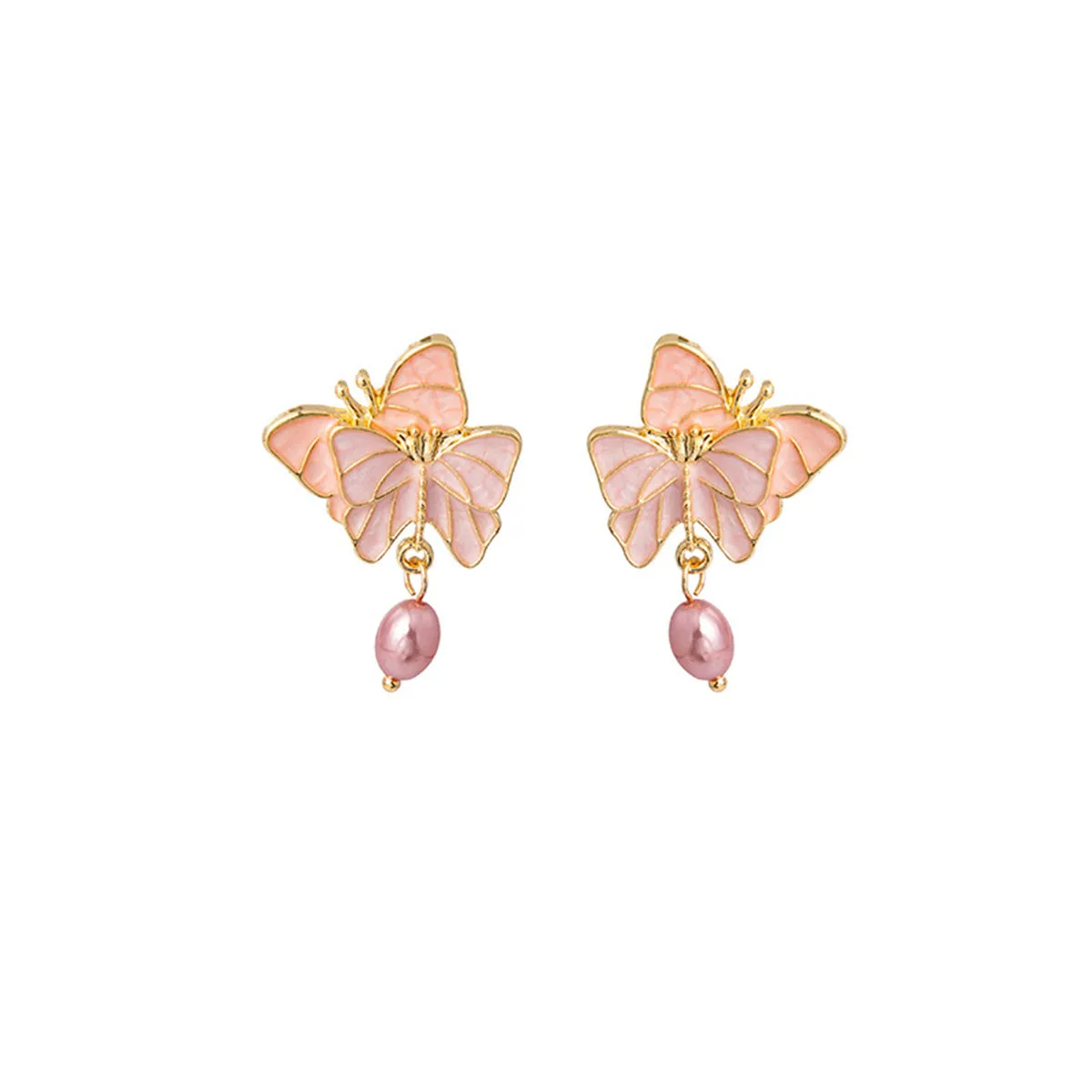 Pink Enamel & Pearl 18K Gold-Plated Double Butterfly Drop Earrings