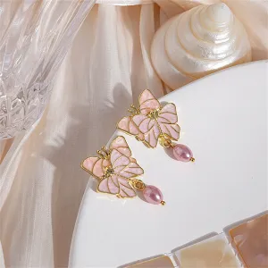 Pink Enamel & Pearl 18K Gold-Plated Double Butterfly Drop Earrings