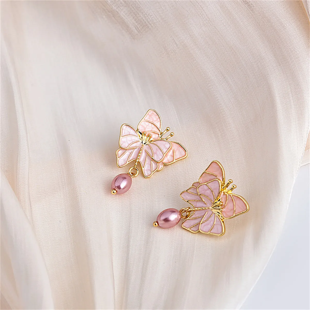 Pink Enamel & Pearl 18K Gold-Plated Double Butterfly Drop Earrings