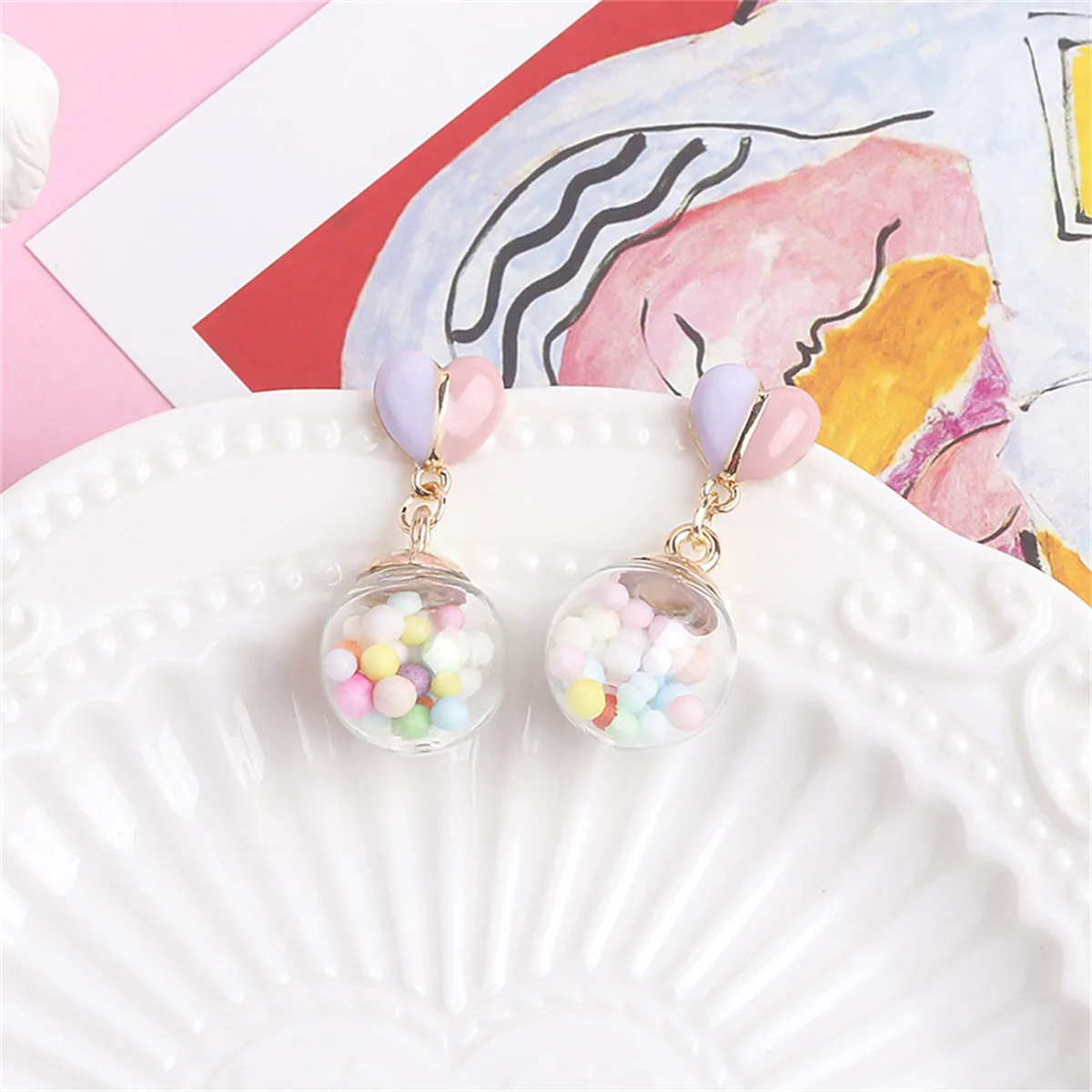 Pink Multicolor & 18K Gold-Plated Heart Ball Drop Earrings