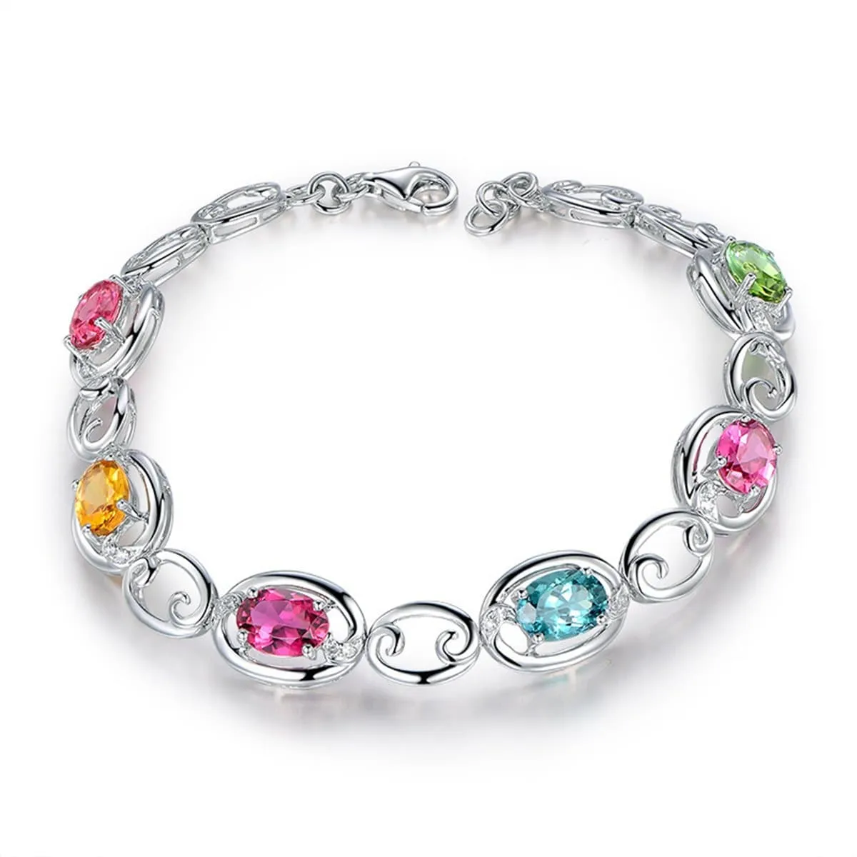 Pink Oval Crystal & Silver-Plated Station Bracelet