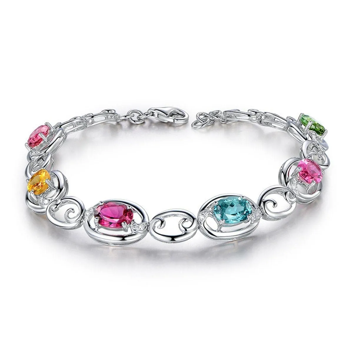 Pink Oval Crystal & Silver-Plated Station Bracelet
