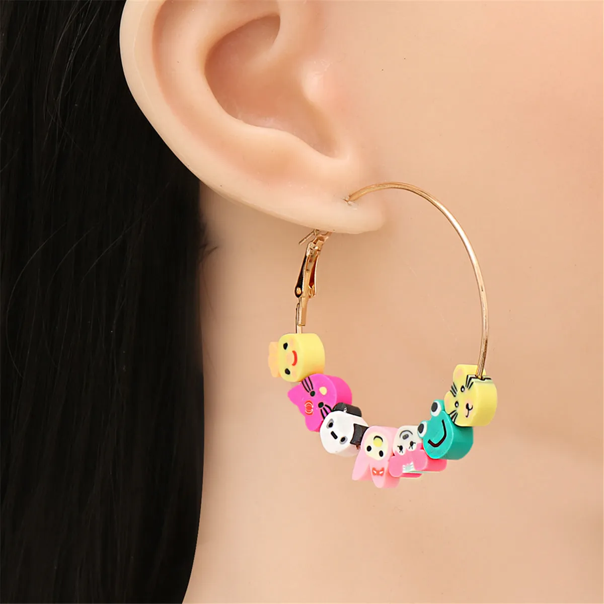 Pink Polymer Clay & 18K Gold-Plated Multi-Hued Animal Beads Hoop Earrings