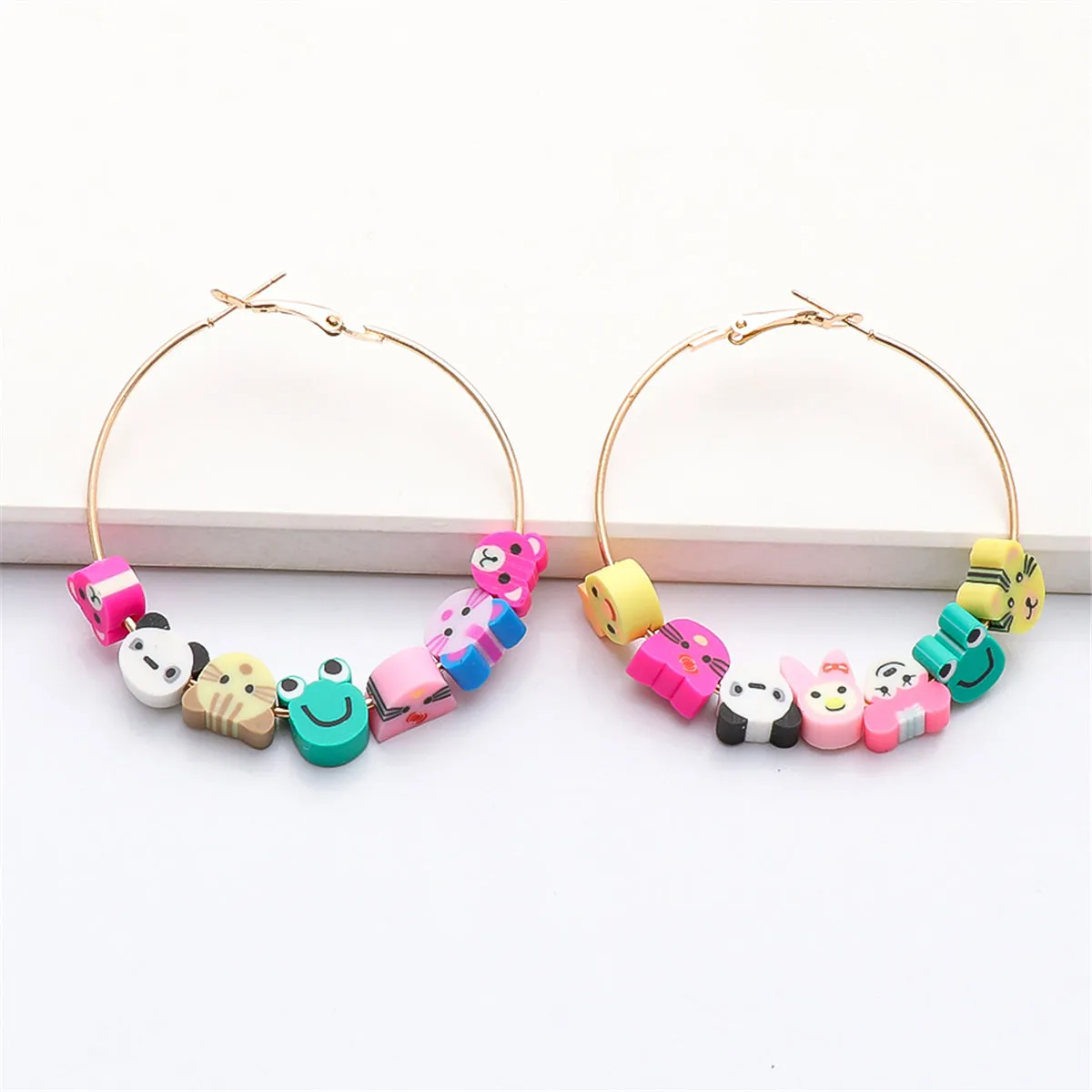 Pink Polymer Clay & 18K Gold-Plated Multi-Hued Animal Beads Hoop Earrings