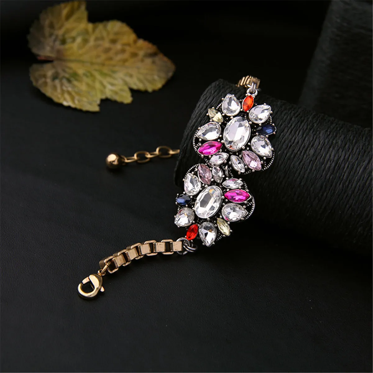 Pink Red Multicolor Crystal & 18K Gold-Plated Flower Charm Bracelet