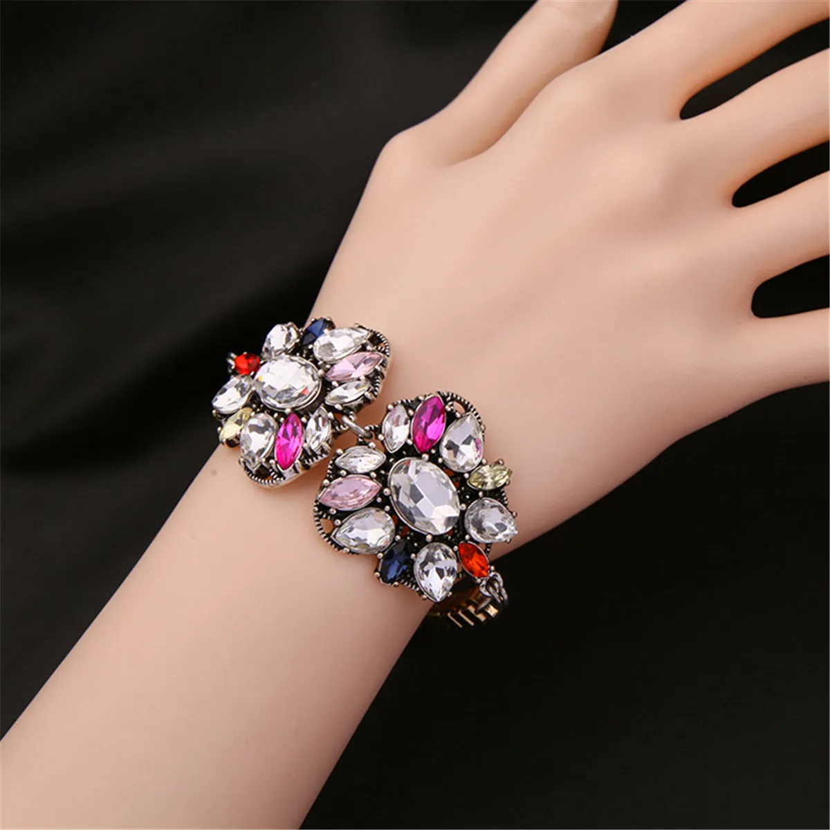 Pink Red Multicolor Crystal & 18K Gold-Plated Flower Charm Bracelet