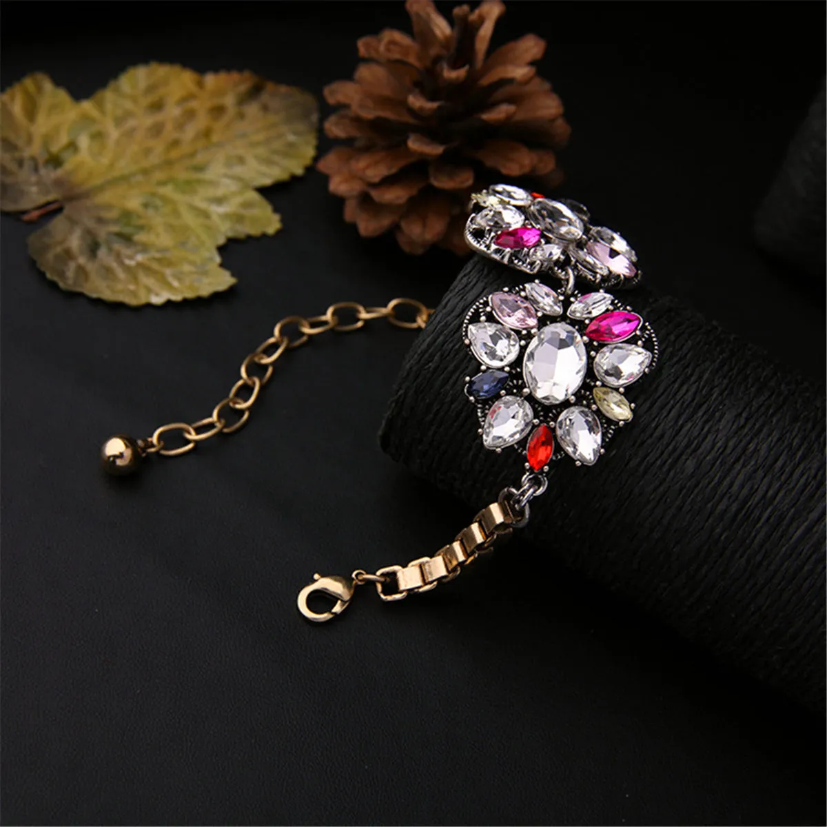 Pink Red Multicolor Crystal & 18K Gold-Plated Flower Charm Bracelet