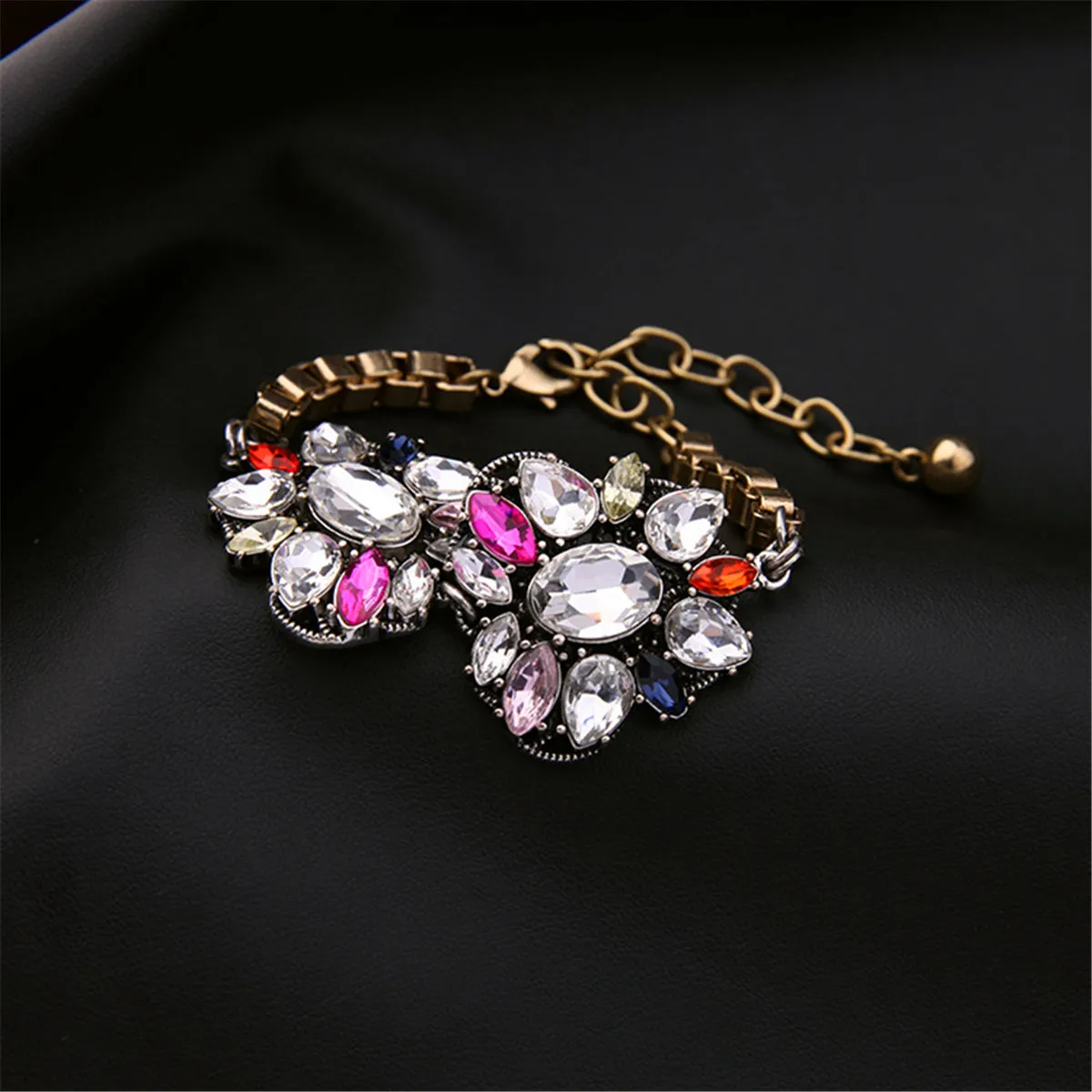Pink Red Multicolor Crystal & 18K Gold-Plated Flower Charm Bracelet