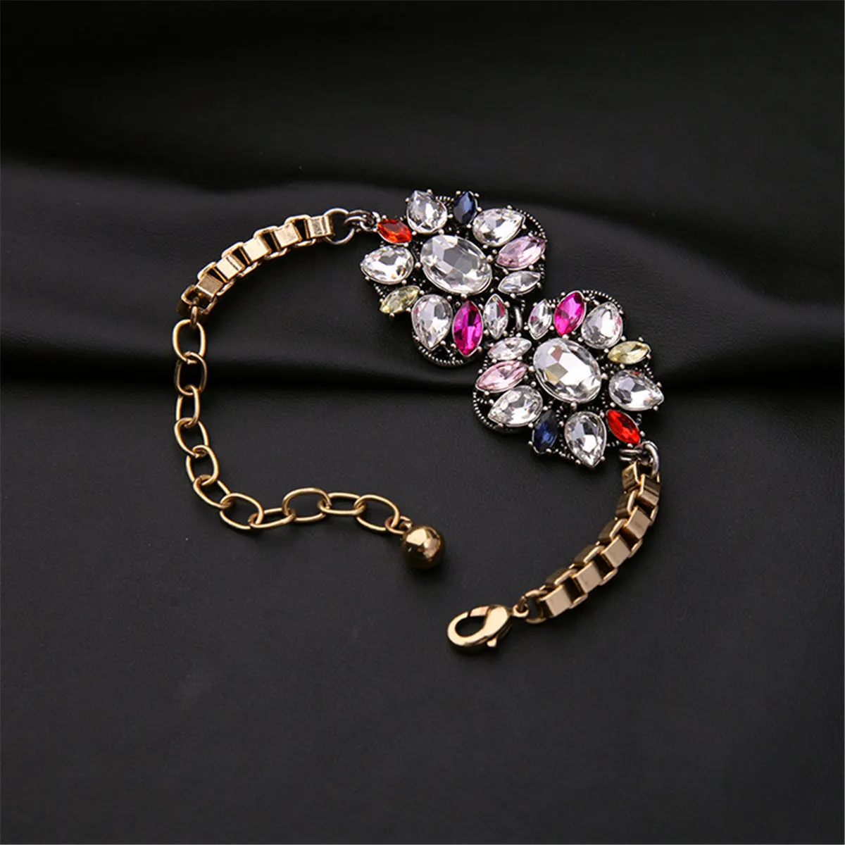 Pink Red Multicolor Crystal & 18K Gold-Plated Flower Charm Bracelet