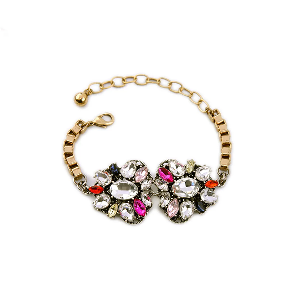 Pink Red Multicolor Crystal & 18K Gold-Plated Flower Charm Bracelet
