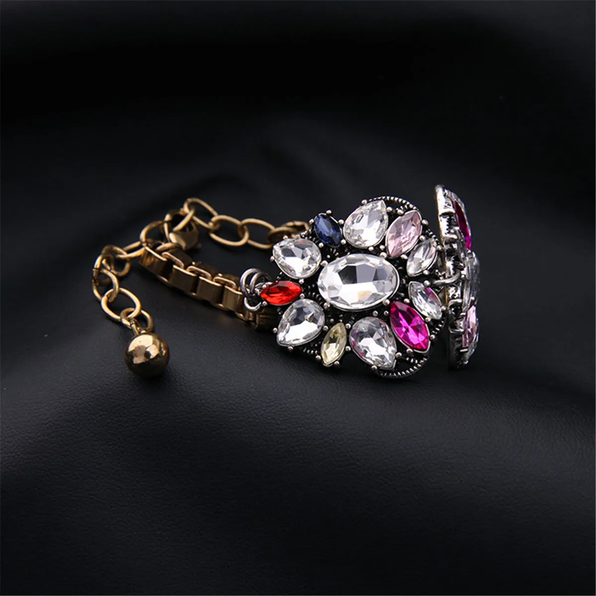 Pink Red Multicolor Crystal & 18K Gold-Plated Flower Charm Bracelet