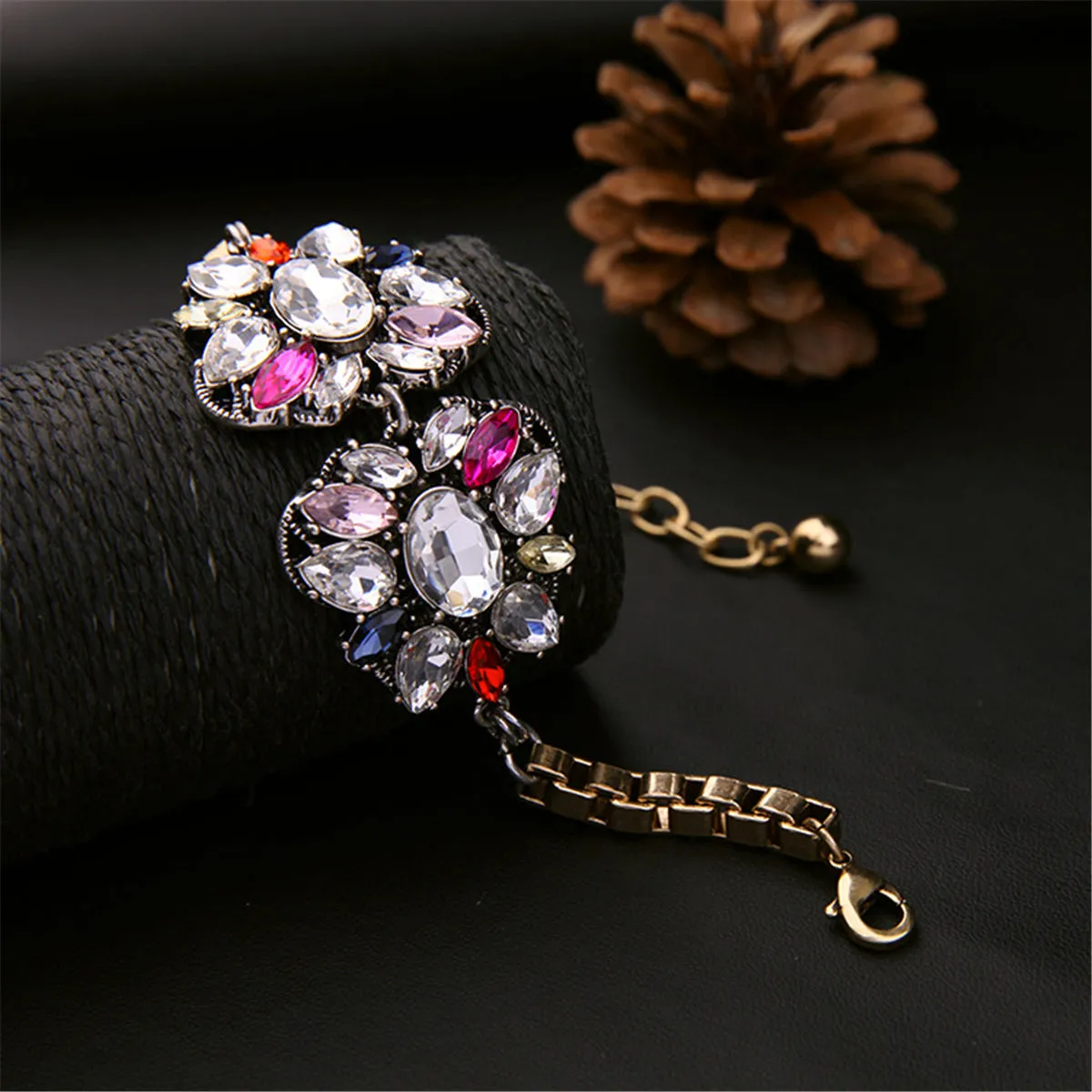 Pink Red Multicolor Crystal & 18K Gold-Plated Flower Charm Bracelet