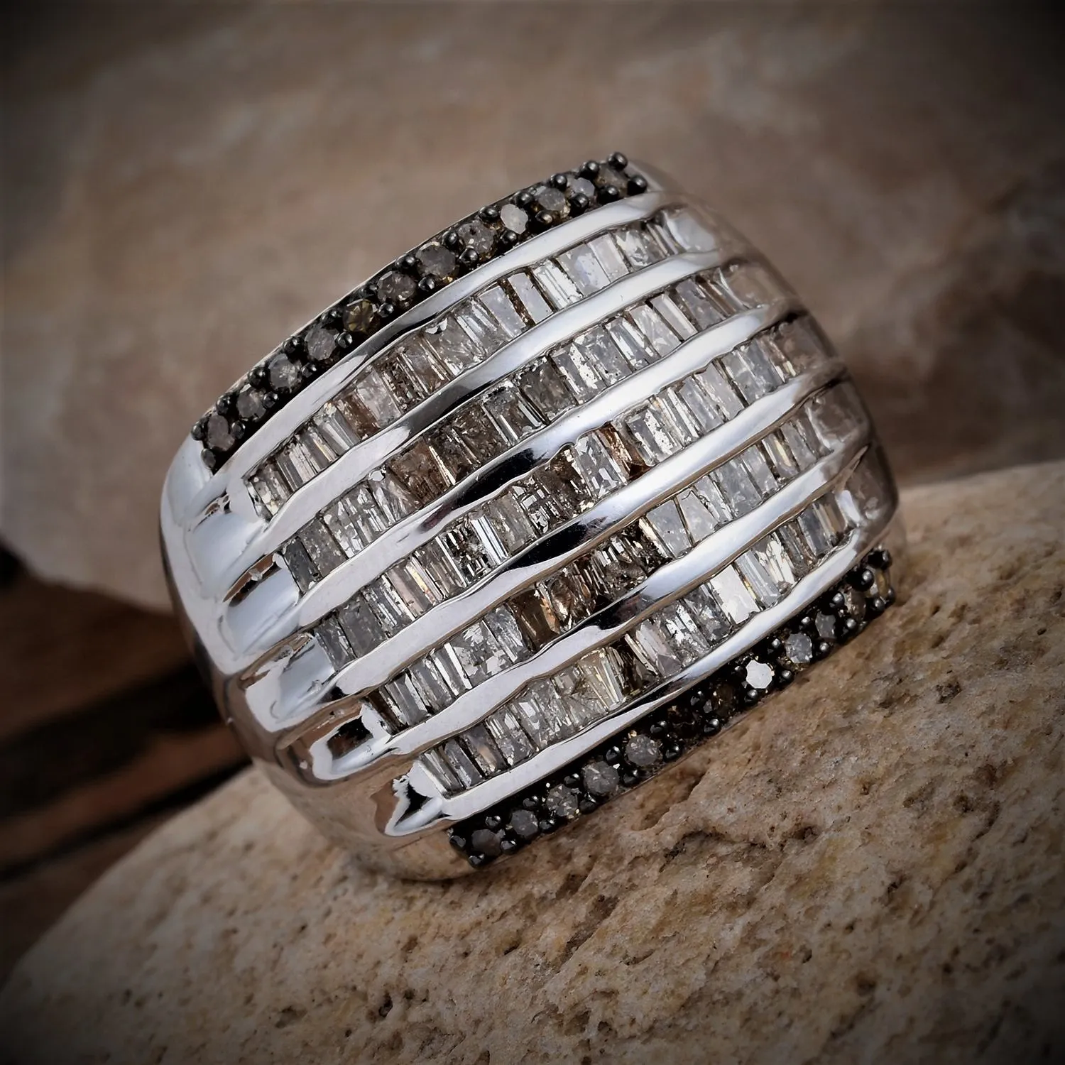 Platinum Over Sterling 2ct. White Baguette & Round Champagne DIAMOND Luxury Ring