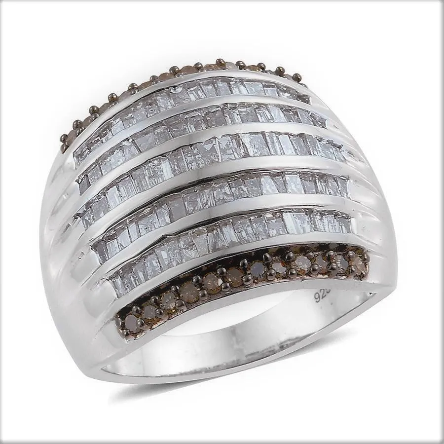 Platinum Over Sterling 2ct. White Baguette & Round Champagne DIAMOND Luxury Ring