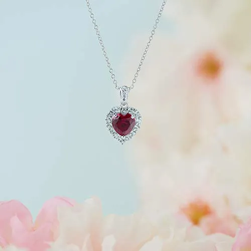 Platinum-Plated .925 Sterling Silver Lab-Grown Ruby 1/2" Heart Pendant with White Topaz Halo on 18" Chain Necklace - July Birthstone