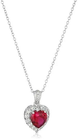 Platinum-Plated .925 Sterling Silver Lab-Grown Ruby 1/2" Heart Pendant with White Topaz Halo on 18" Chain Necklace - July Birthstone