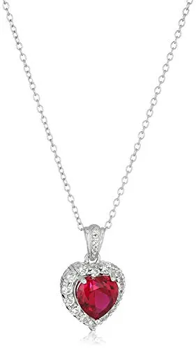 Platinum-Plated .925 Sterling Silver Lab-Grown Ruby 1/2" Heart Pendant with White Topaz Halo on 18" Chain Necklace - July Birthstone