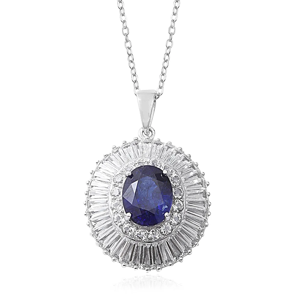 Platinum/Sterling Silver 3.9ct Blue SAPPHIRE & White Topaz Halo Pendant