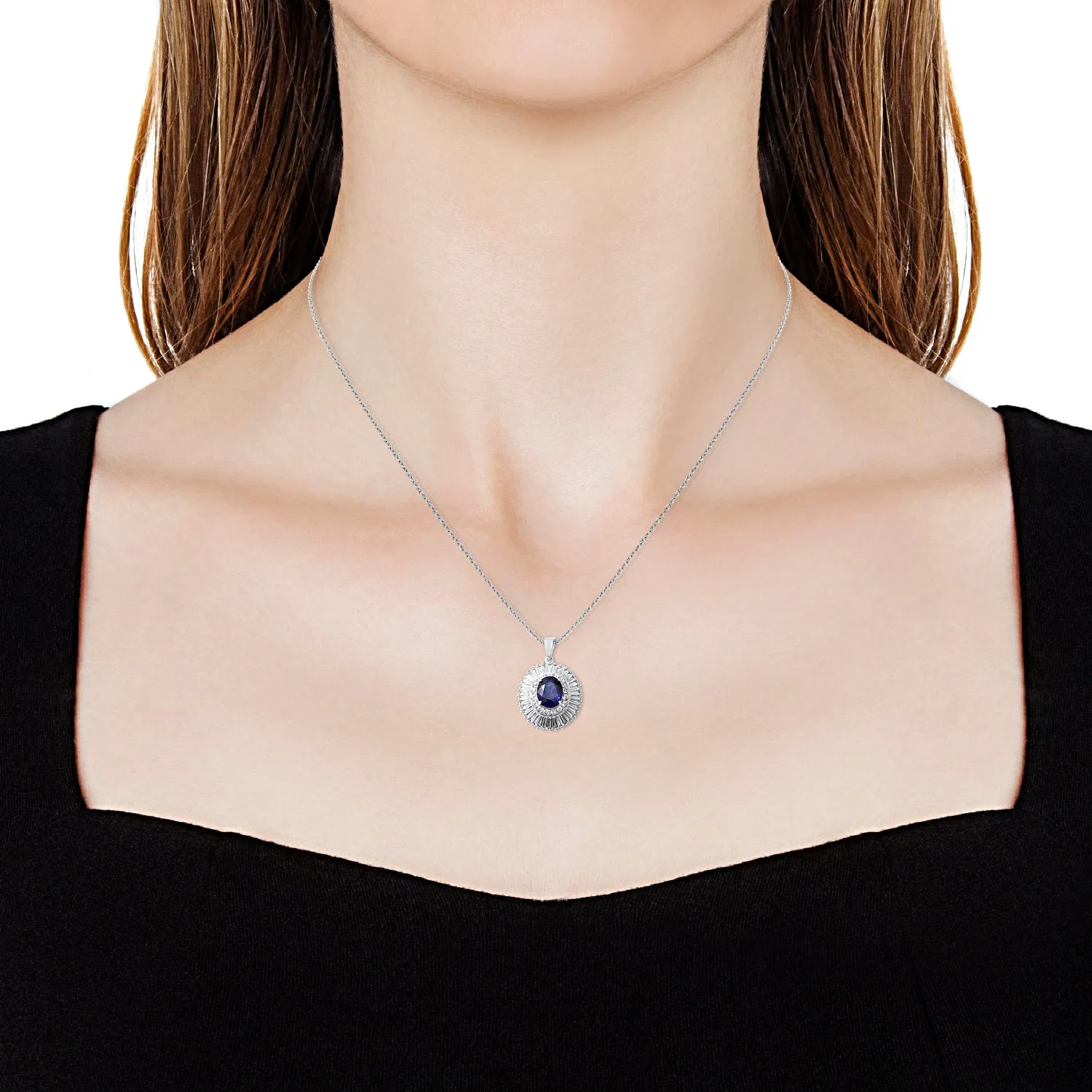 Platinum/Sterling Silver 3.9ct Blue SAPPHIRE & White Topaz Halo Pendant