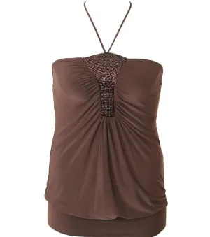 Plus Size Dazzling Halter String  Brown Top