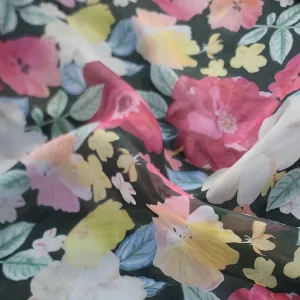 Printed Organdy Fabric Green/Pink Floral 150cm