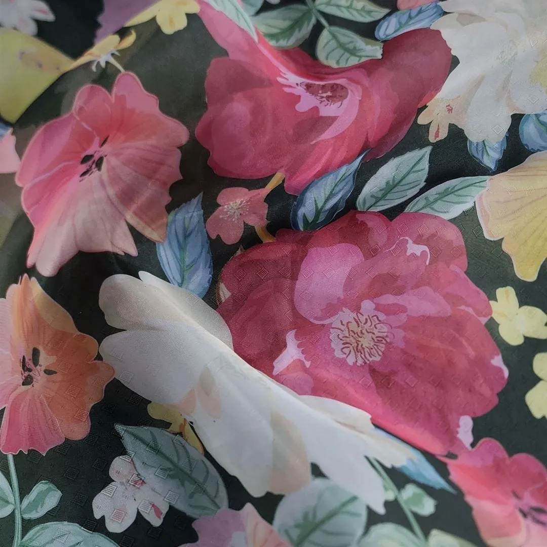 Printed Organdy Fabric Green/Pink Floral 150cm
