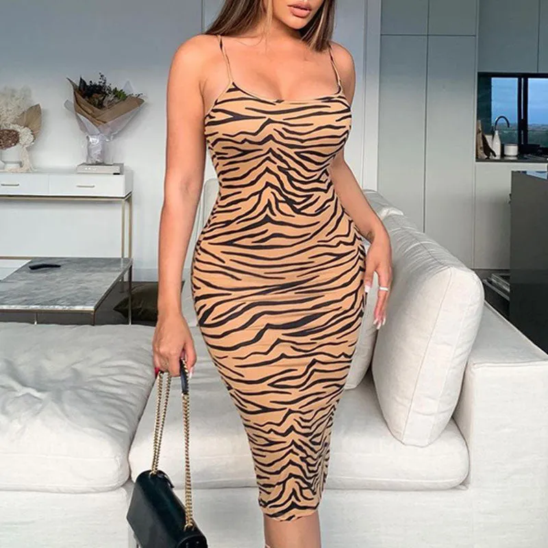 Printed Sleeveless Spaghetti Strap Bodycon Dress