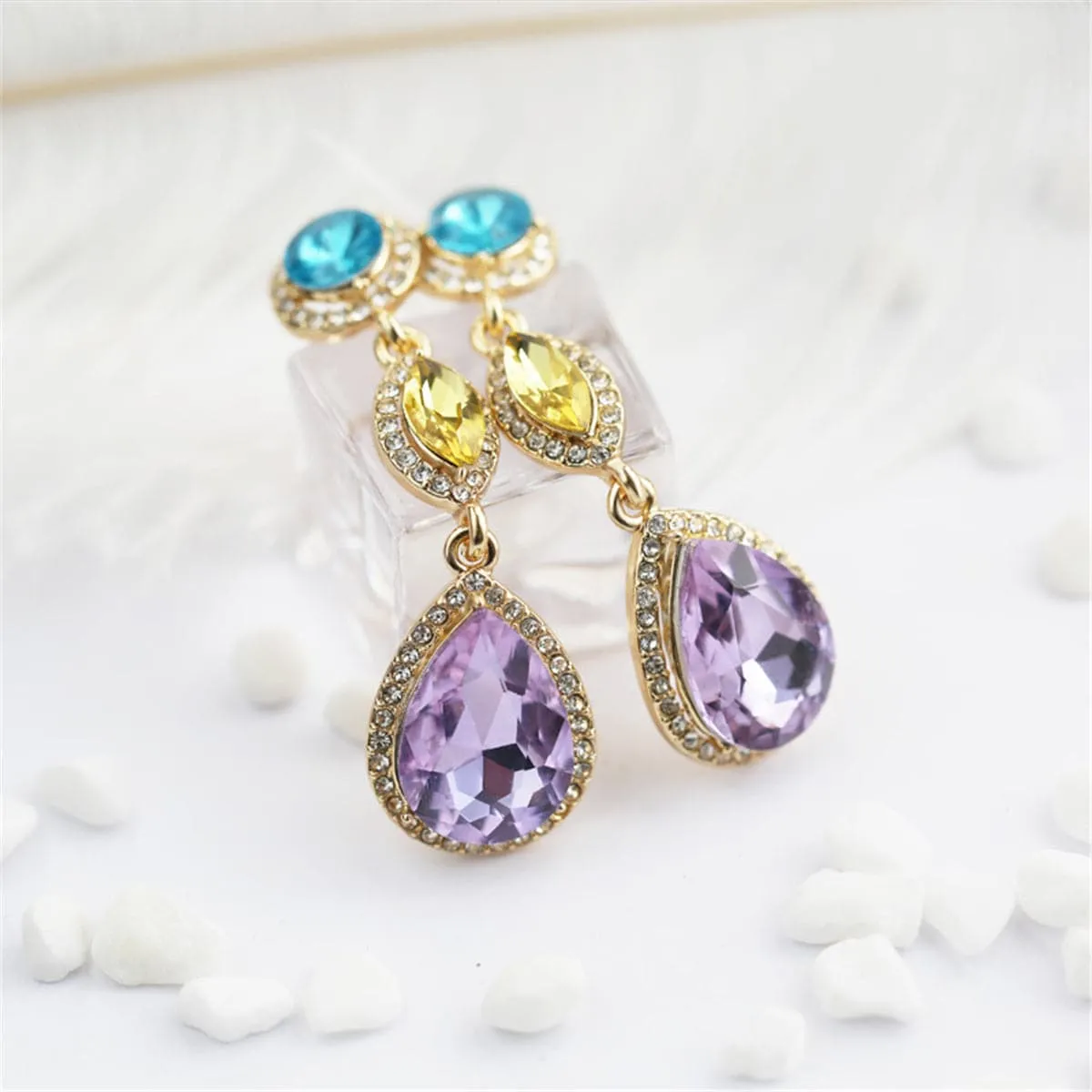 Purple & Blue Crystal Cubic Zirconia Teardrop Earrings