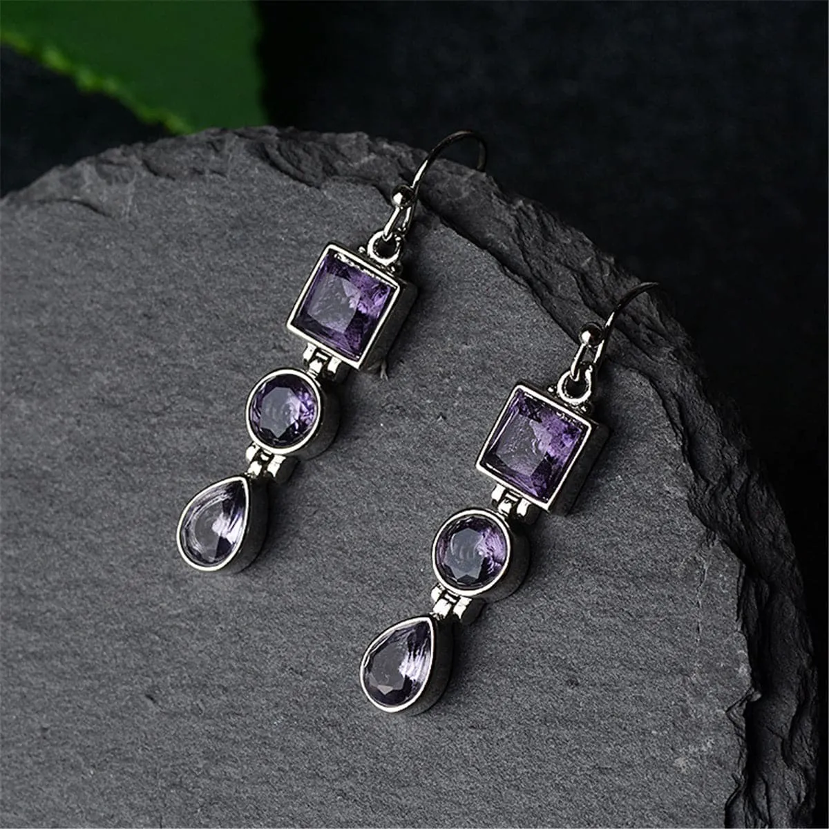 Purple Crystal & Silver-Plated Tri-Layer Drop Earrings