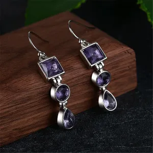 Purple Crystal & Silver-Plated Tri-Layer Drop Earrings