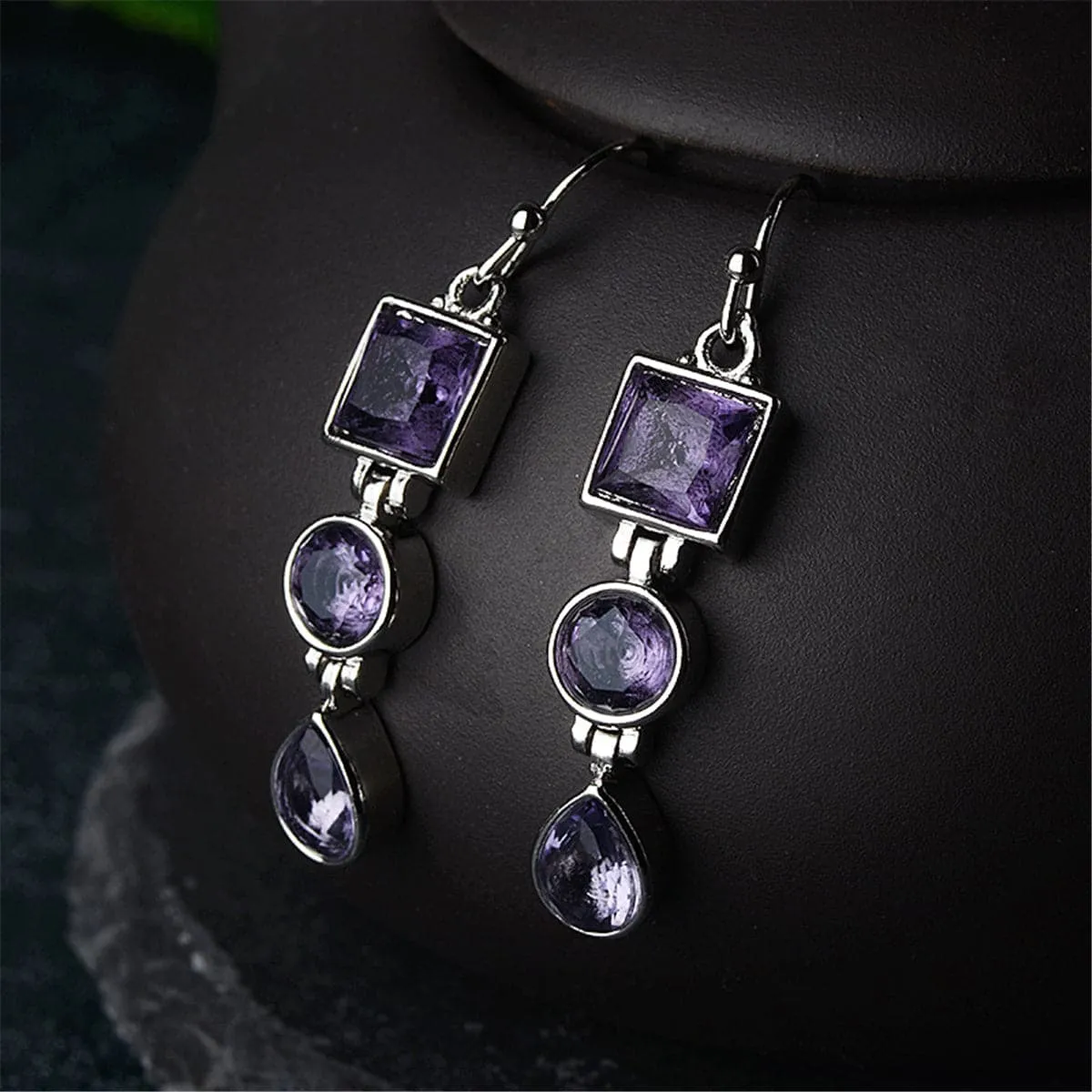 Purple Crystal & Silver-Plated Tri-Layer Drop Earrings