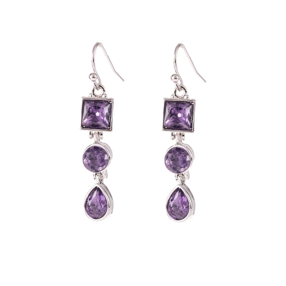 Purple Crystal & Silver-Plated Tri-Layer Drop Earrings