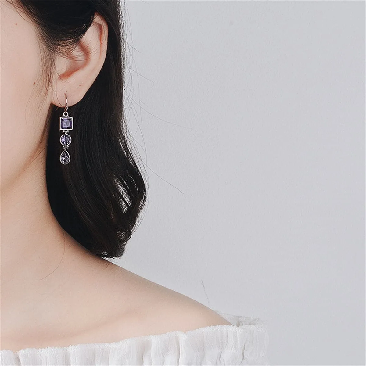 Purple Crystal & Silver-Plated Tri-Layer Drop Earrings