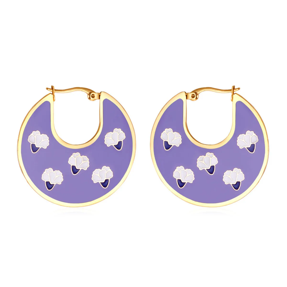 Purple Enamel & 18K Gold-Plated Flower Hoop Earrings