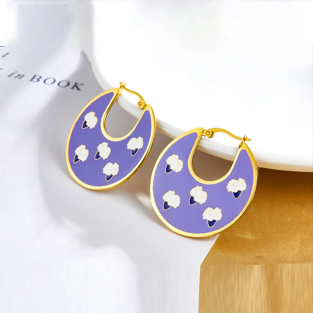 Purple Enamel & 18K Gold-Plated Flower Hoop Earrings