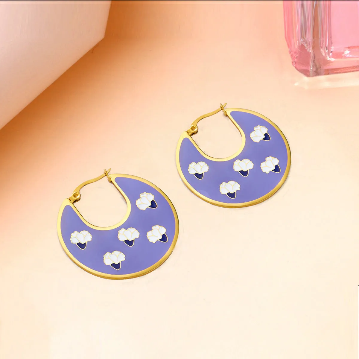 Purple Enamel & 18K Gold-Plated Flower Hoop Earrings