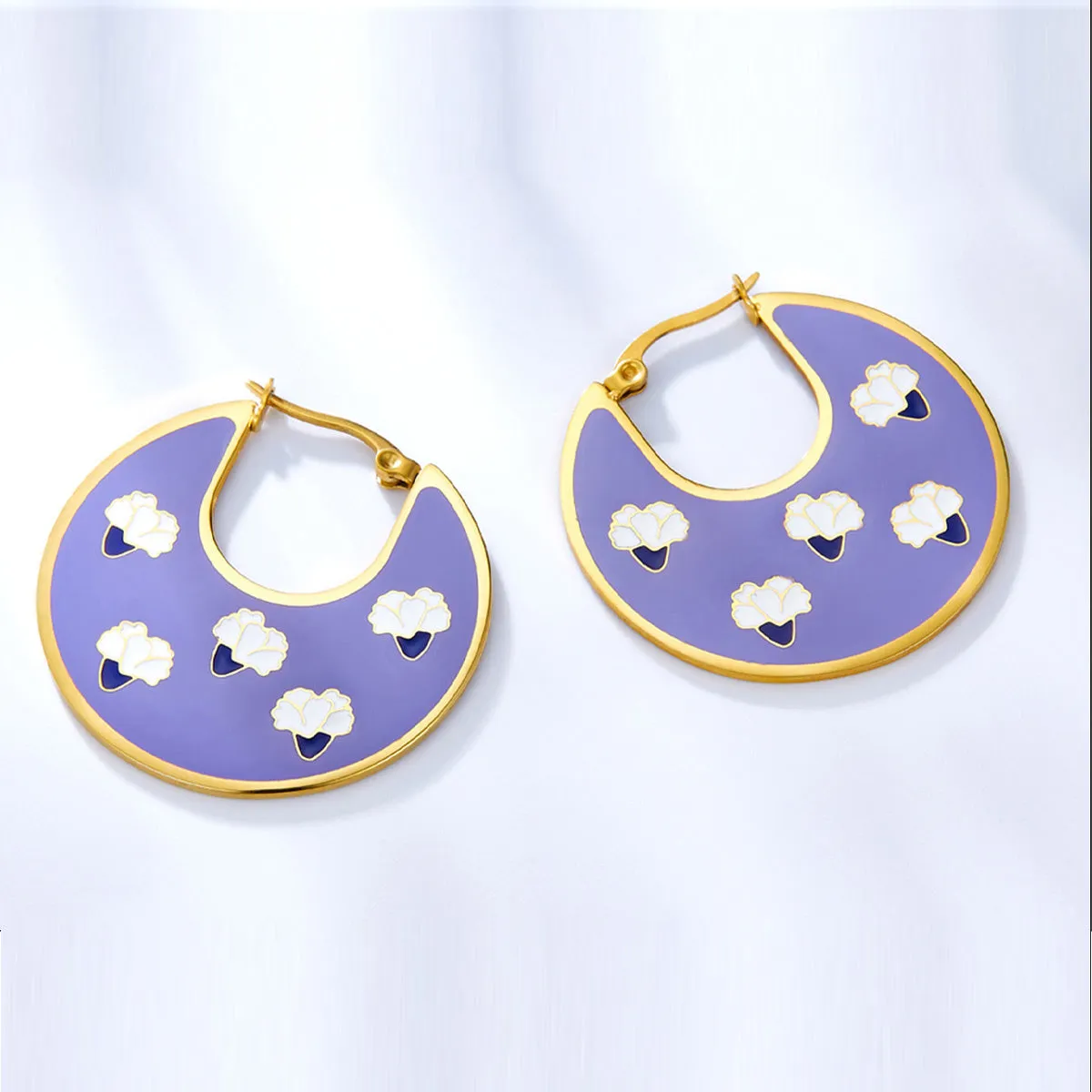Purple Enamel & 18K Gold-Plated Flower Hoop Earrings