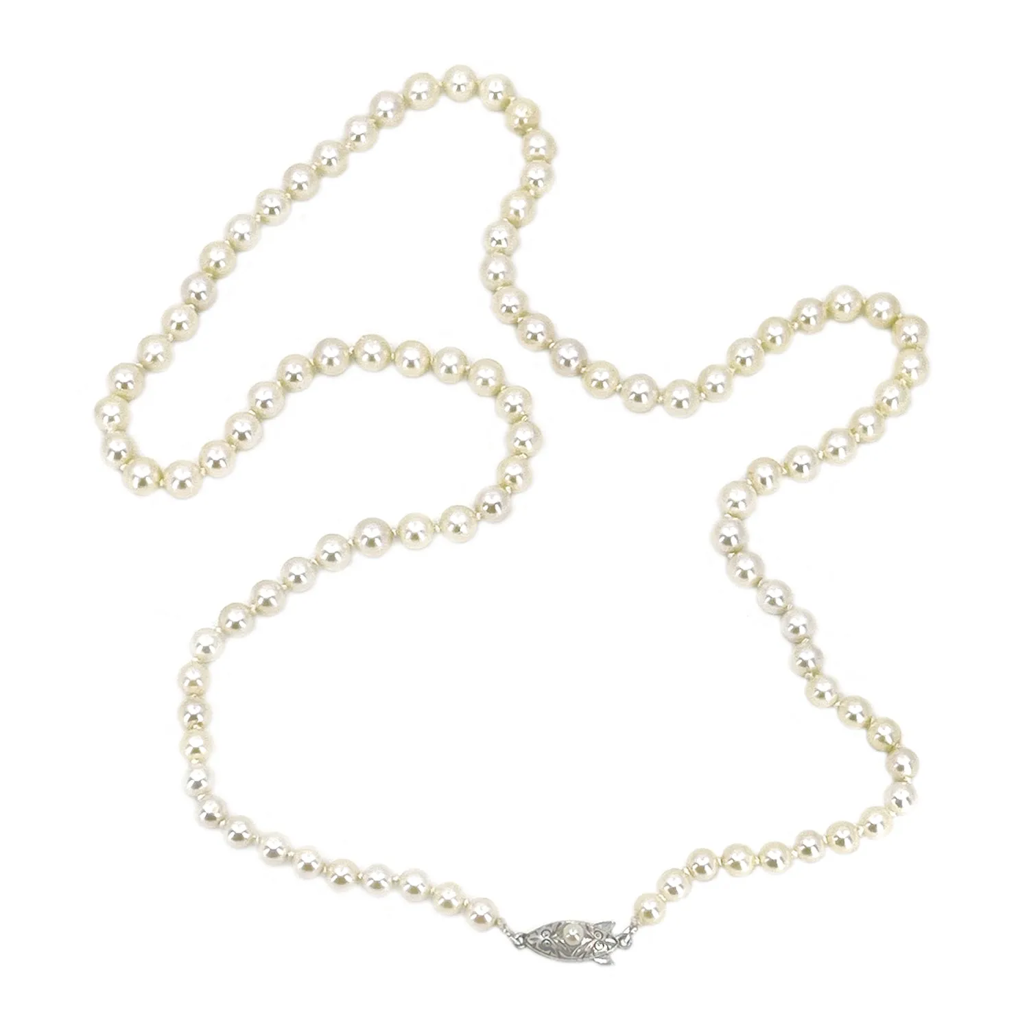Quality Art Deco Cream Japanese Saltwater Cultured Akoya Pearl Graduated Necklace - Sterling Silver 25.50 Inch