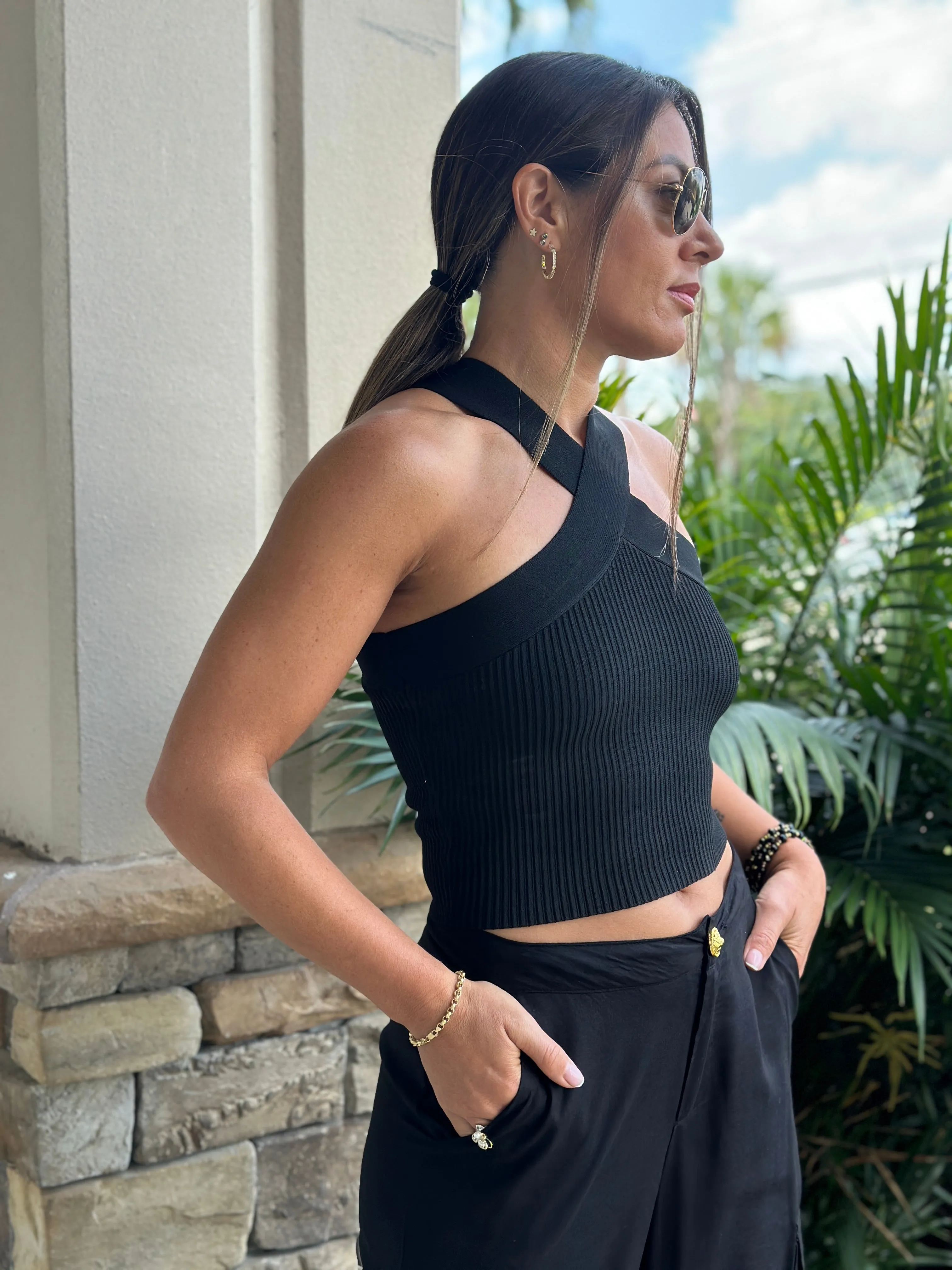 "Carla" Knit Halter Top With Wide Crossed Strap