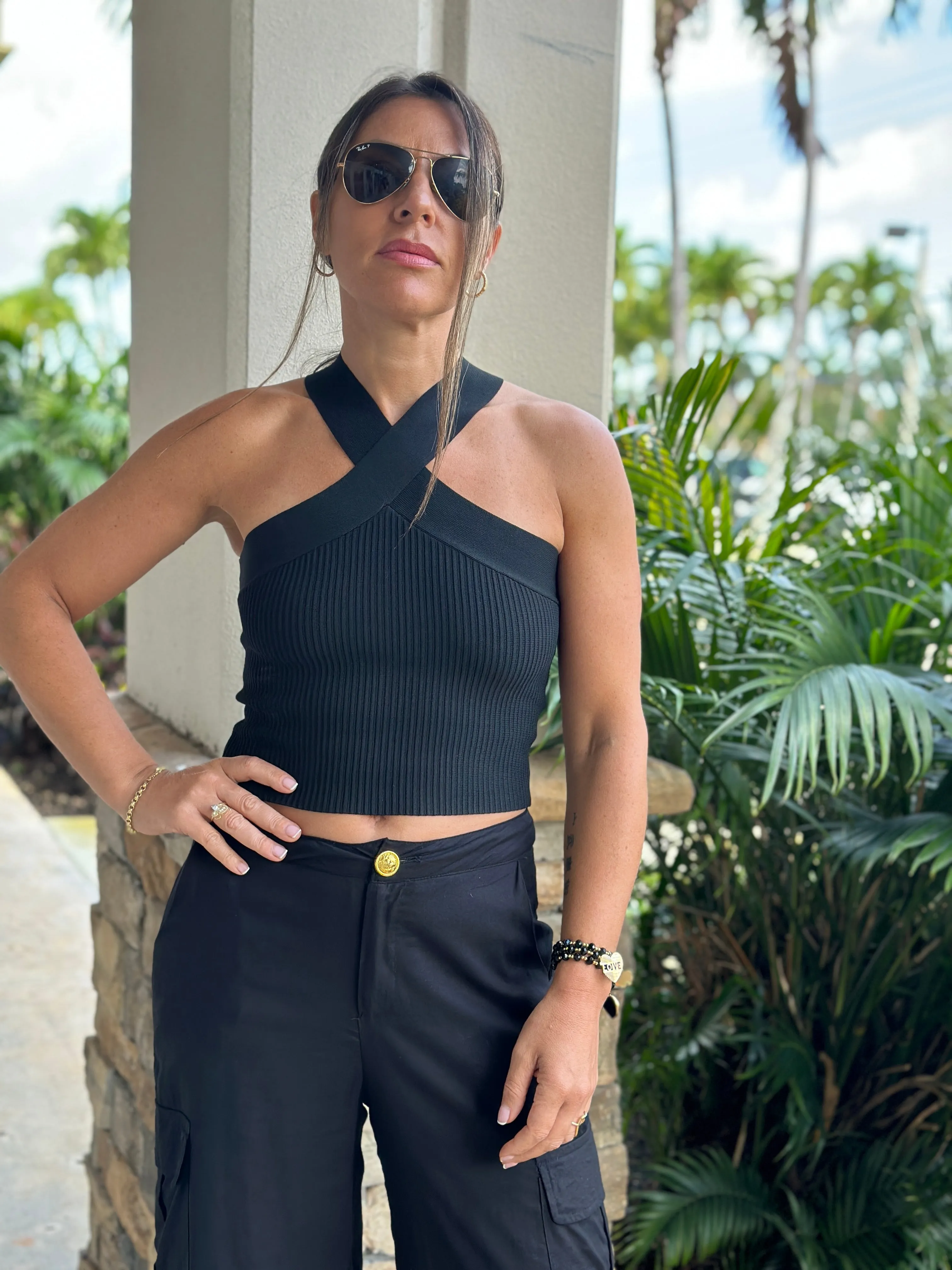 "Carla" Knit Halter Top With Wide Crossed Strap