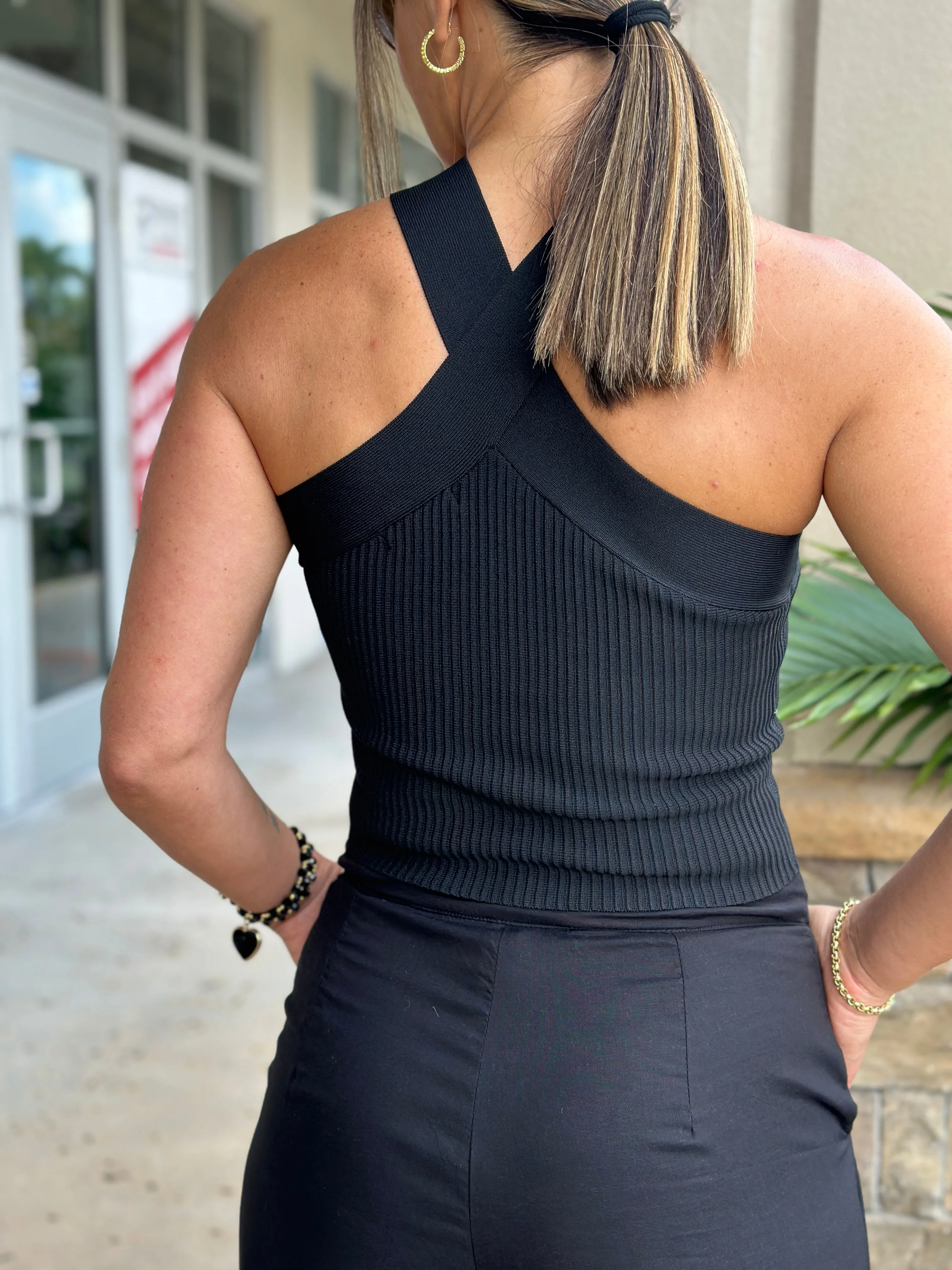 "Carla" Knit Halter Top With Wide Crossed Strap