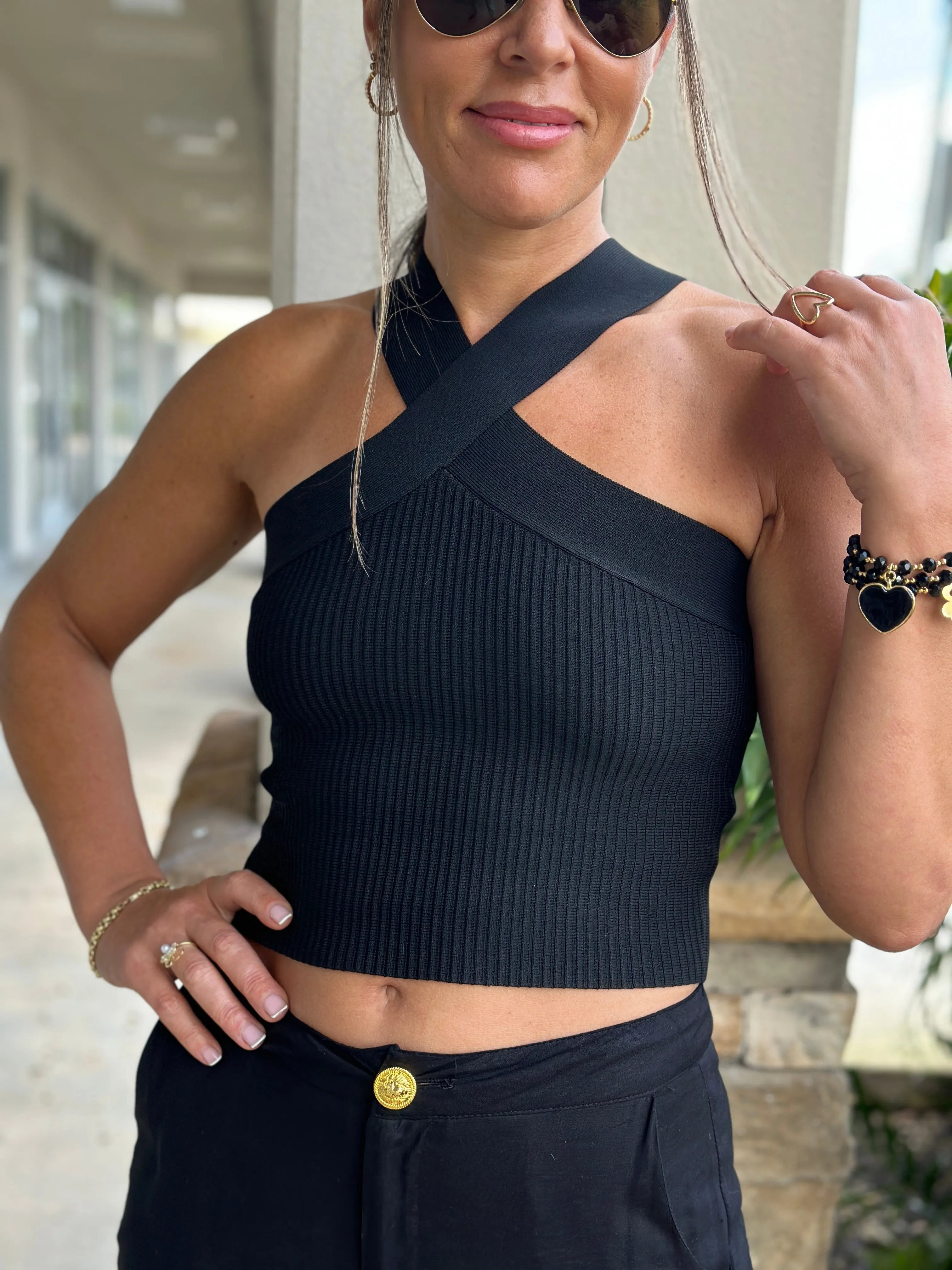 "Carla" Knit Halter Top With Wide Crossed Strap