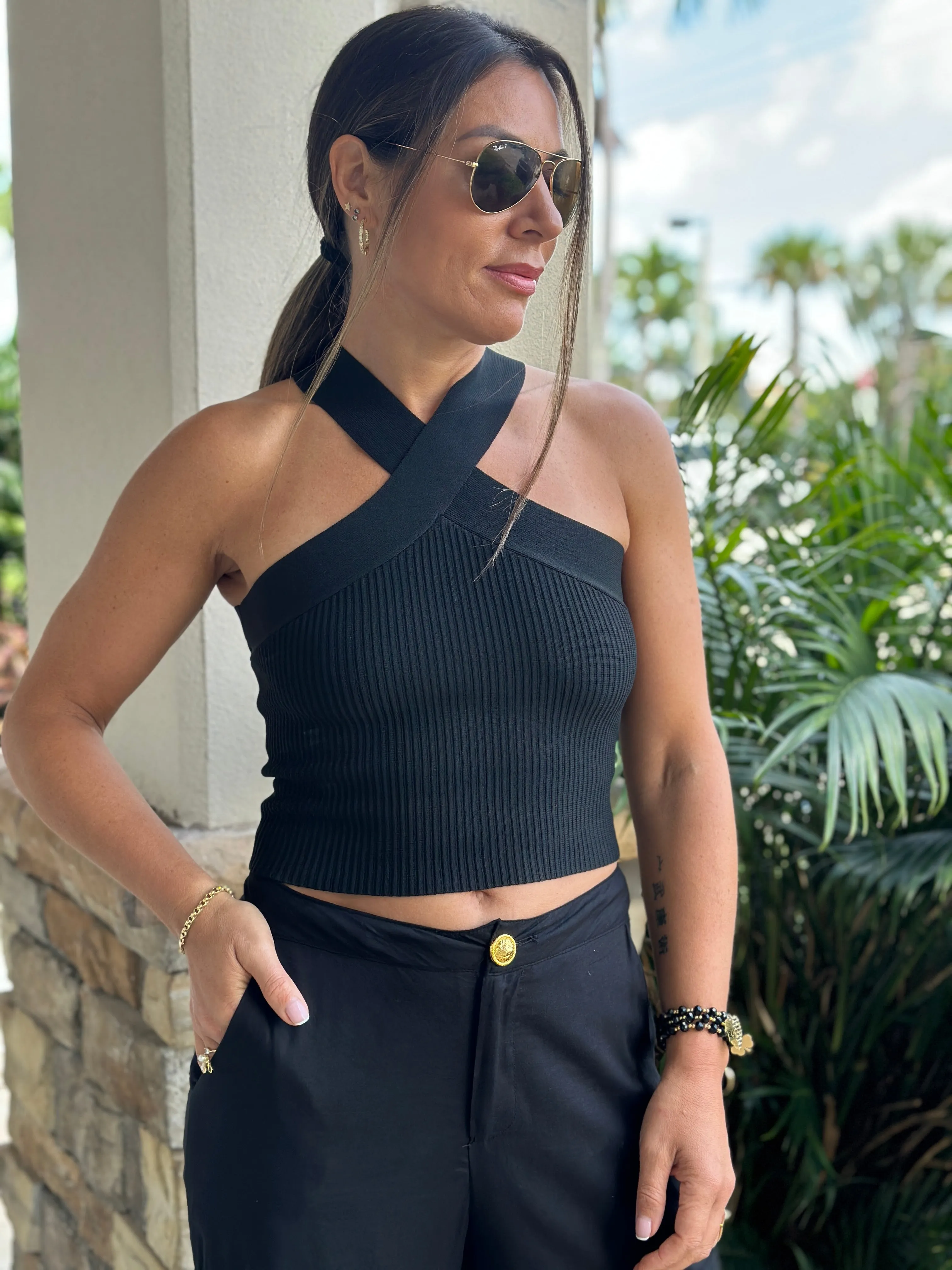 "Carla" Knit Halter Top With Wide Crossed Strap