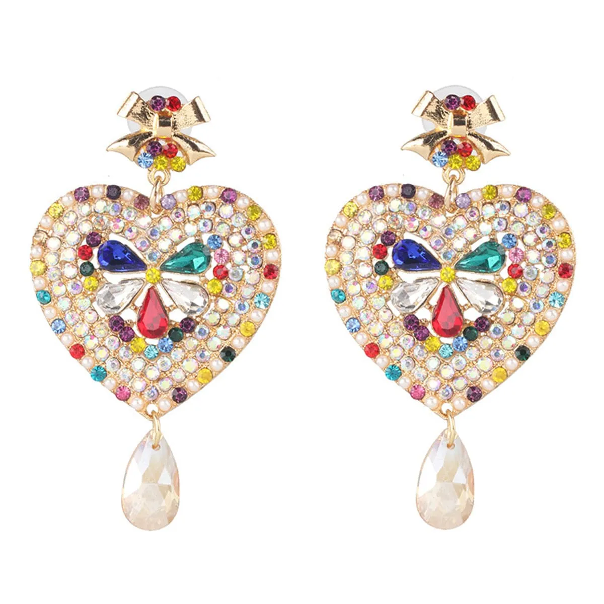 Rainbow Crystal & Cubic Zirconia Pearl Heart Drop Earrings