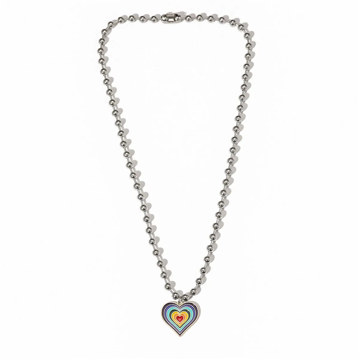 Rainbow Enamel & Silver-Plated Bead Chain Heart Pendant Necklace