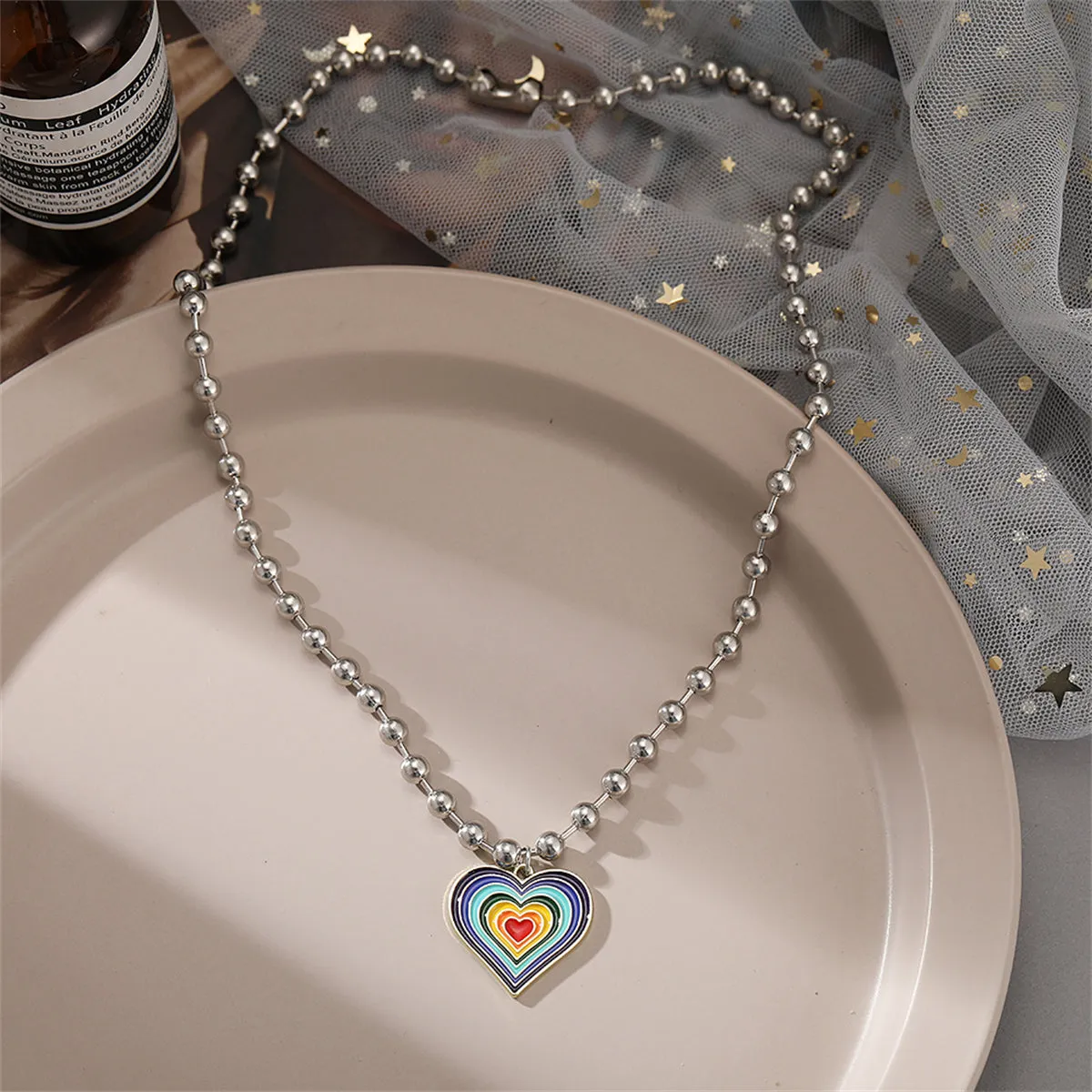 Rainbow Enamel & Silver-Plated Bead Chain Heart Pendant Necklace