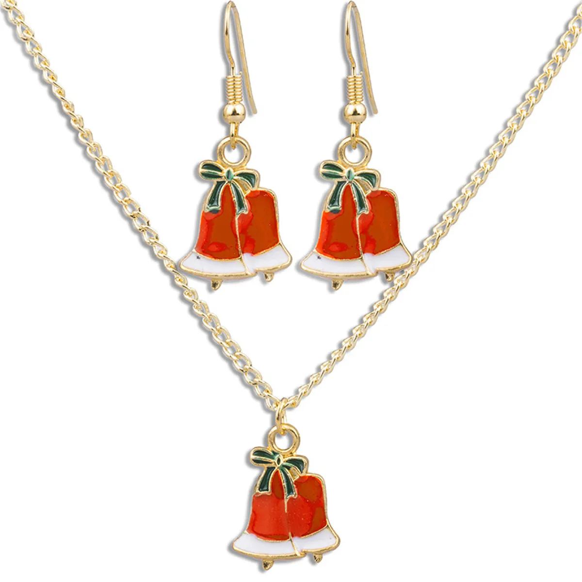 Red & 18K Gold-Plated Festive Bell Pendant Necklace & Drop Earrings