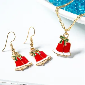 Red & 18K Gold-Plated Festive Bell Pendant Necklace & Drop Earrings