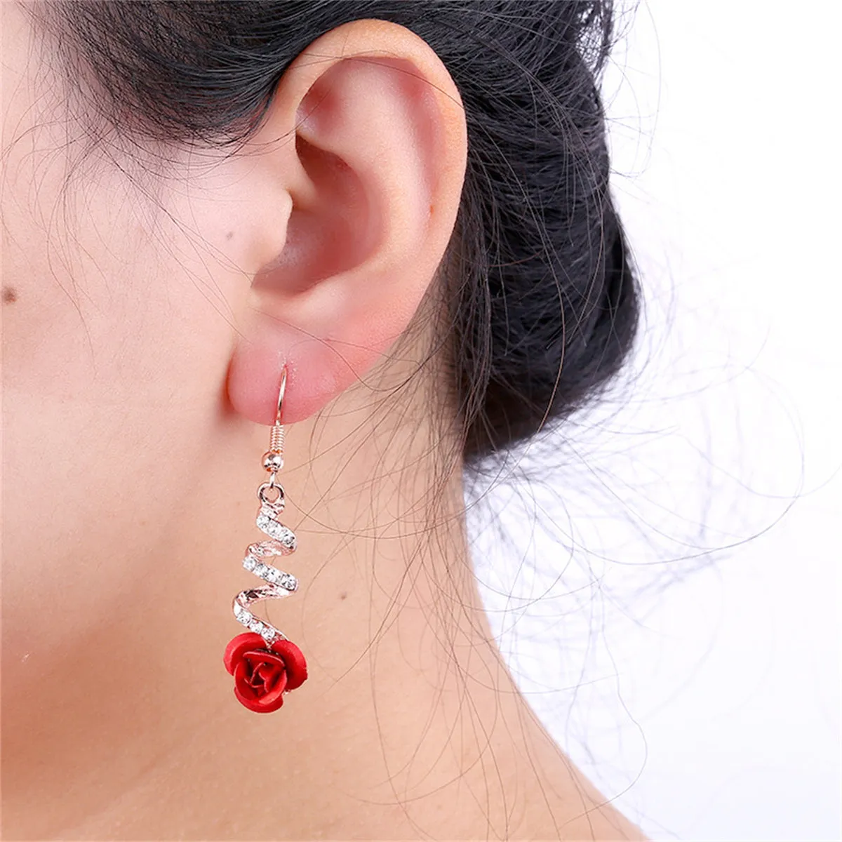 Red & Cubic Zirconia Swirl Rose Drop Earrings